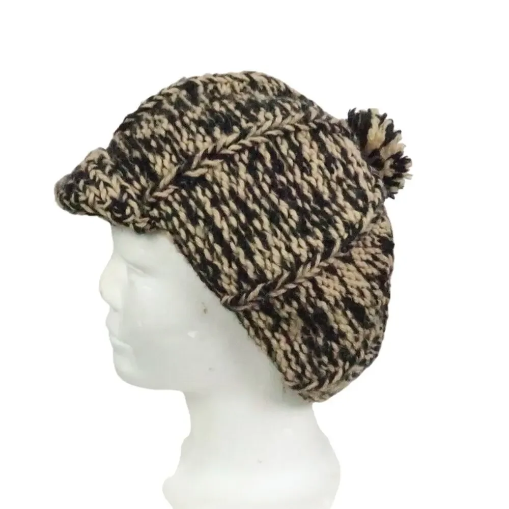 Vintage Tan and Black Marled Knit Beanie Hat w/ Brim and Bobble - Picture 3 of 4